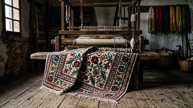 Traditional wooden loom with floral rug in rustic workshop