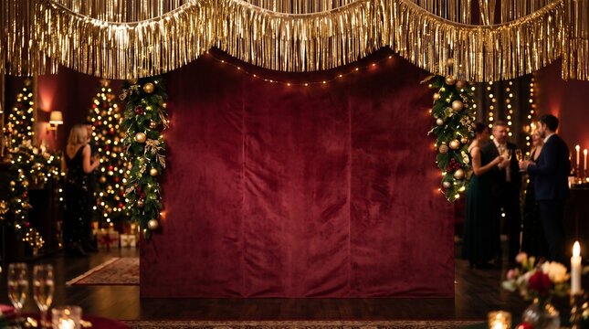 Festive red velvet photo booth backdrop with gold fringe at a luxury holiday party
