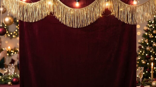 Luxury burgundy velvet curtain with gold fringe and festive holiday lights background