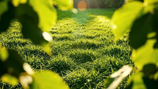 Vibrant green grass field with golden sunlight and blurred leaves