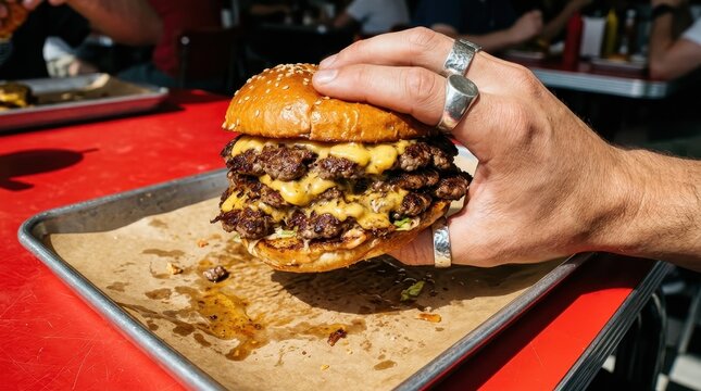 Hand Holding a Delicious Triple Beef Cheeseburger with Melted Cheese on a Sesame Seed Bun in a Diner Setting