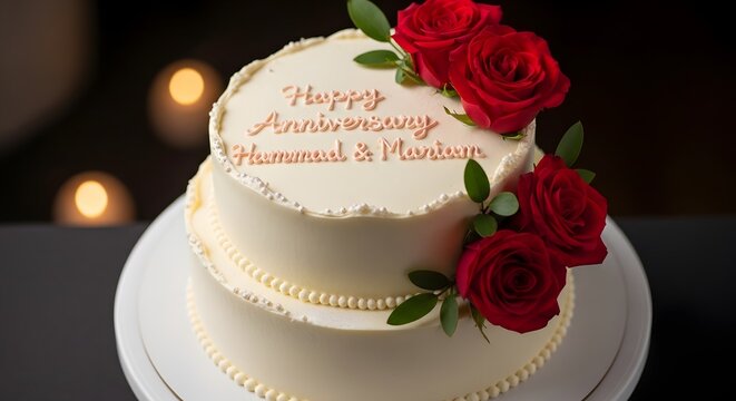 White Anniversary Cake with Red Roses for Hummaal & Mariam
Romantic Red Rose Two-Tier Anniversary Cake
Elegant Orange Script Happy Anniversary Cake