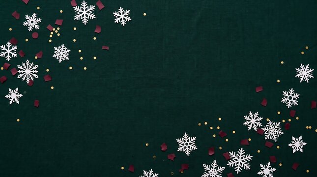 Festive dark green background with white snowflakes and gold confetti border