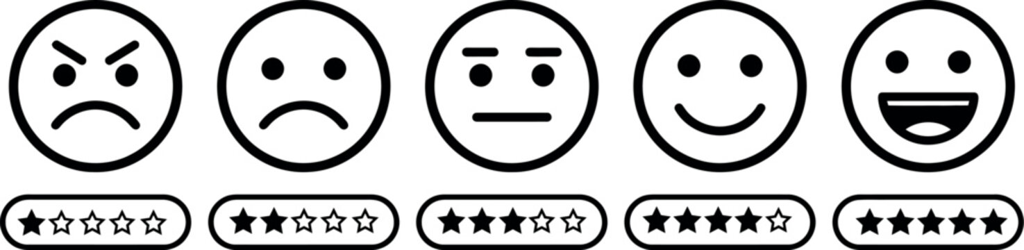 Five facial expressions ranging from very unhappy to very happy with star ratings below