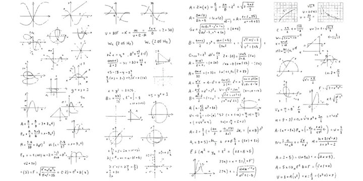 Collection of complex mathematical formulas and geometric graphs written on paper