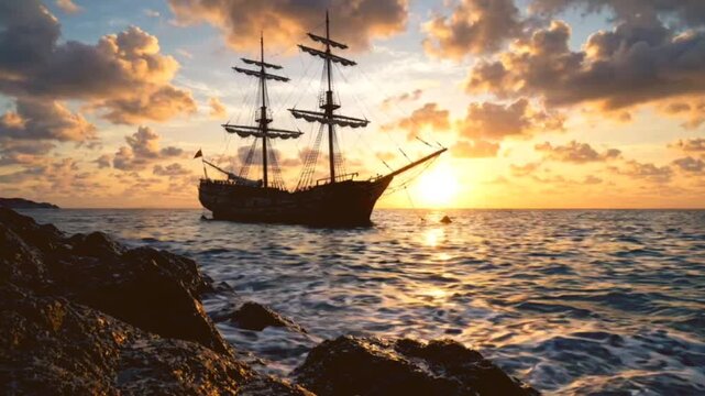 Old pirate ship silhouette floating on calm ocean waters at sunset with cinematic golden lighting and waves crashing against dark coastal rocks in distance.