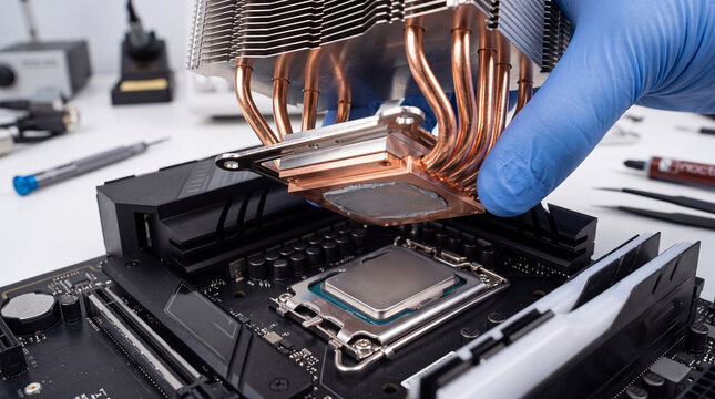 Applying thermal compound to computer processor with copper heat sink held by hand in blue glove for cooling