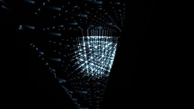 Abstract digital background featuring a glowing three dimensional cube structure with connected nodes and light particles in deep dark space