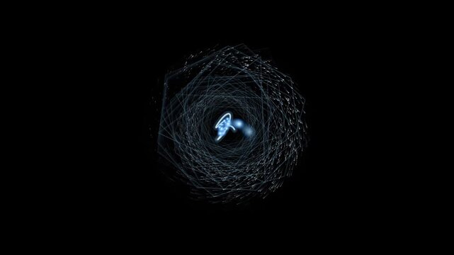 Abstract digital background featuring a glowing blue light core surrounded by intricate geometric particle patterns rotating in a dark deep space void