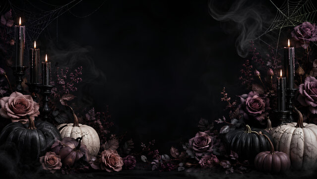halloween background with pumpkin and flowers, Elegant Gothic Halloween Background with Black Candles, Dark Roses and Pumpkins