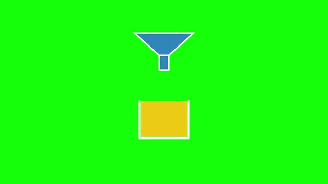 Minimalist flat style funnel icon for animation, featuring a blue funnel pouring yellow fluid into a white basin on a green background. Useful for data processing and sales concepts.