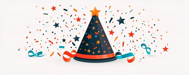 Obraz premium Modern flat icon illustration of a festive New Year party hat with elegant stars, confetti and celebratory ribbons, polished vector aesthetic, isolated composition on white background
