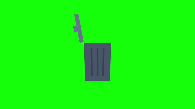 2D animation icon of a grey metal trash can with an open lid, flat design garbage bin vector isolated on a bright green screen background for easy keying in video production.