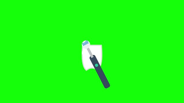 Flat vector icon animation style showing a dark electric toothbrush cleaning a white tooth with foam bubbles against a solid green screen background for video overlay and production.