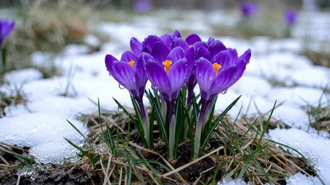Vibrant purple crocus flowers emerging from melting snow in early spring