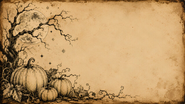 halloween background with pumpkins, Vintage Halloween Parchment Background with Hand Drawn Pumpkins and Moon