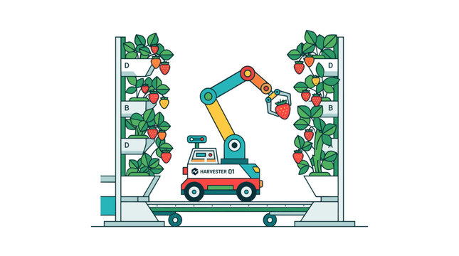 A robotic arm harvests strawberries from a vertical farming rack in a modern industrial environment