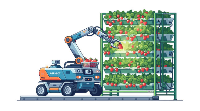 A robotic arm harvests fresh strawberries from a vertical farm rack onto a small automated cart