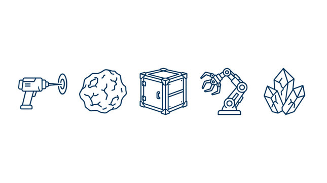 A series of five icons representing industrial mining, including tools, ore, crates, and robots