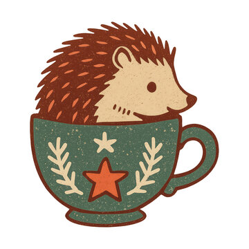 PNG Cute hedgehog in teacup illustration.