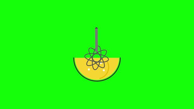 Flat design animation icon showing a metal whisk mixing yellow liquid batter or eggs in a semi-circular bowl, isolated on a green screen for video production and app UI projects.