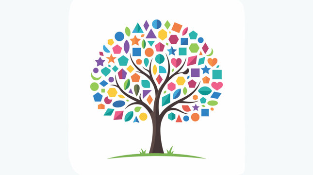 A stylized tree with a brown trunk, its canopy formed by a collection of colorful geometric shapes