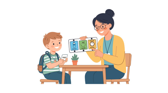 A teacher helping a young boy use visual communication cards during a structured learning session