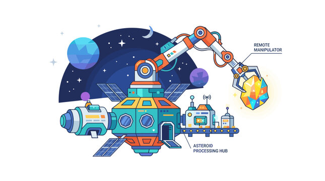 A robotic arm extracts a glowing, geometric mineral from space near an orbiting processing station