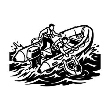 Rescue boat team saving person from water emergency.