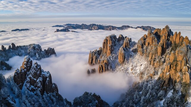 Aerial winter snow cloud sea danxia peaks at Qiyun Mountain Anhui 4A