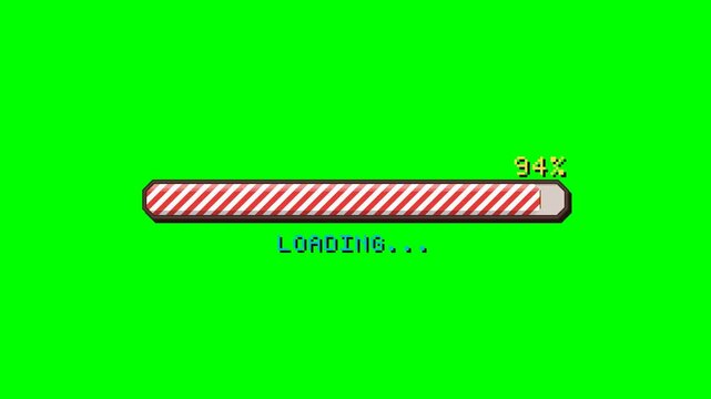 A dynamic 16-bit pixel art animation of a Christmas candy cane loading bar on a solid Chroma Key Green Screen. Features a continuous diagonal scrolling conveyor belt effect, realistic loadin