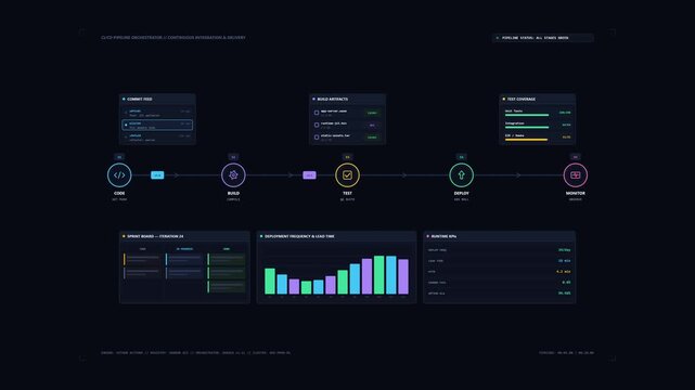 Dark theme data processing pipeline monitoring dashboard UI with bar charts and workflow nodes