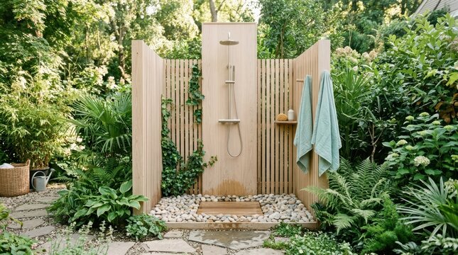 Modern outdoor shower enclosure surrounded by lush green garden foliage