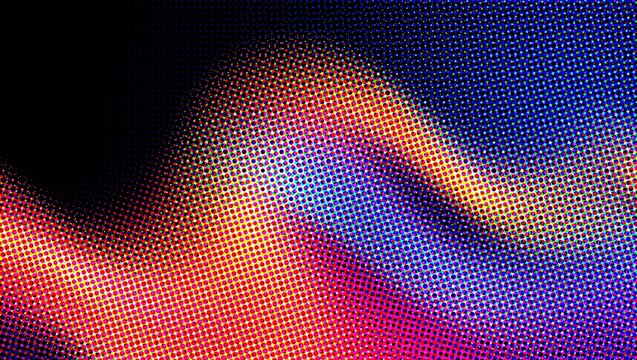 Halftone wave background, abstract orange and blue gradient pattern, retro pop art vector texture for modern design
