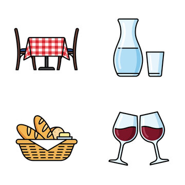 Restaurant dining elements including table chairs water wine bread.