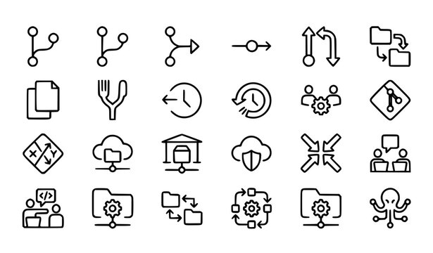 Set of thin line icons for software development version control systems and programming workflow management tools