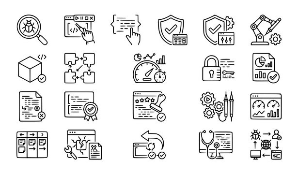 Set of hand drawn software testing and quality assurance line icons for web development and programming projects