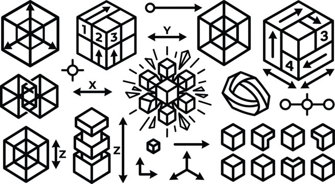 Isometric 3D cube geometry and block axis math diagram line art vector set for science design layouts