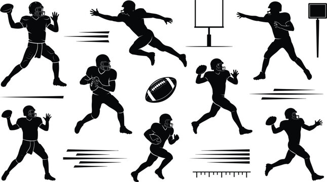 American football player silhouette vector icon collection with quarterback passing running and field goal post elements
