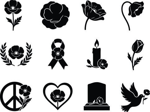Remembrance Day Poppy Memorial Tribute Vector Icons Set