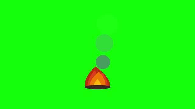 2D stylized campfire animation icon featuring layered orange and red flames with rising circular smoke effects isolated on a vivid green screen background for digital media use.
