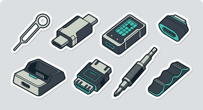 Isometric stickers of electronic accessories and connection tools