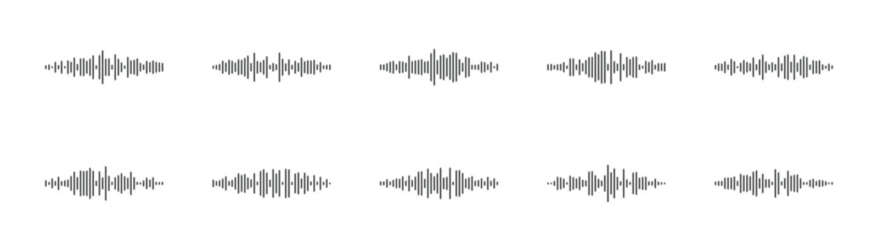 Black and white flat line sound wave icon vector illustration on white background. Hand drawn out line audio wave graphics art for smart assistants, voice commands and interactive audio interfaces.