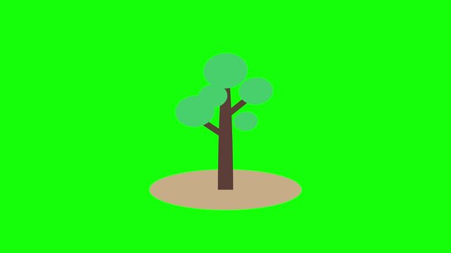 Minimalist flat design 2D tree animation icon featuring brown circular foliage and a dark brown trunk isolated on a vibrant green background for game assets and web illustrations.