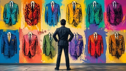Fototapeta premium 壁に描かれたスーツスタイルを選んでいるビジネスマン。AIで生成。