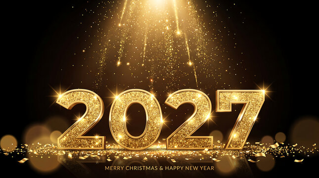 Shiny golden 2027 new year celebration sparkles , Happy New Year 2027, New Year 2027, Happy New Year, New Year, 2027 Typography, 2027