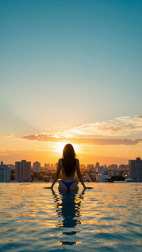 Woman silhouetted against a beautiful sunset over infinity pool.