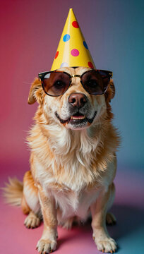Dog in party hat and sunglasses, looking cheerful.