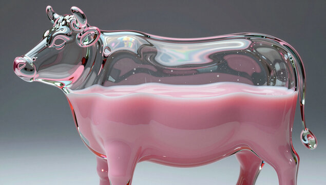 Clear glass cow filled with pink liquid.