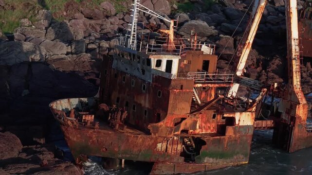 Aerial view of rusted shipwreck abandoned on rocky coastline at sunset.